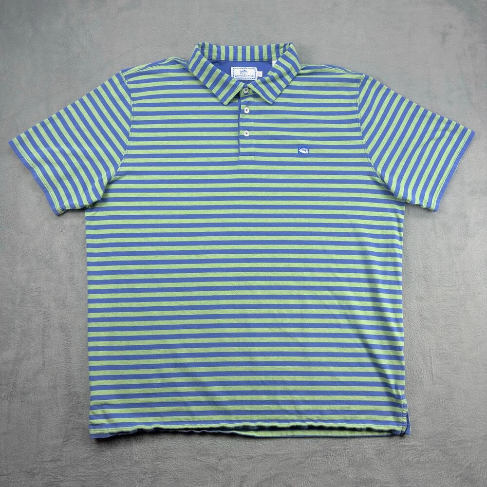 Southern Tide Polo Shirt Men's XL Green/Blue Striped Short Sleeve Pima Cotton